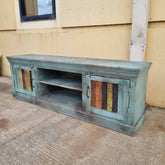 Handmade Indian Furniture Solid Hard Wood TV Unit with 2 Doors Multicolor